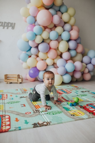 Детский двусторонний развивающий складной термоковрик для ползания POPPET "Транспорт и Зоолетчики", 150х180x1 см