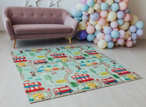 Детский двусторонний развивающий складной термоковрик для ползания POPPET "Транспорт и Зоолетчики", 150х180x1 см