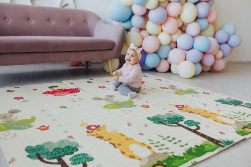 Дитячий двосторонній розвиваючий  складний термокилимок для повзання POPPET "Транспорт та Зоольотчики", 200х180x1 см