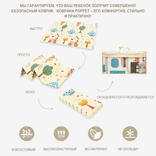 Дитячий двосторонній розвиваючий  складний термокилимок для повзання POPPET "Транспорт та Зоольотчики", 200х180x1 см