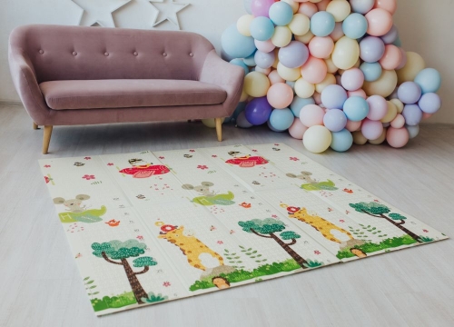 Дитячий двосторонній розвиваючий  складний термокилимок для повзання POPPET "Транспорт та Зоольотчики", 200х180x1 см