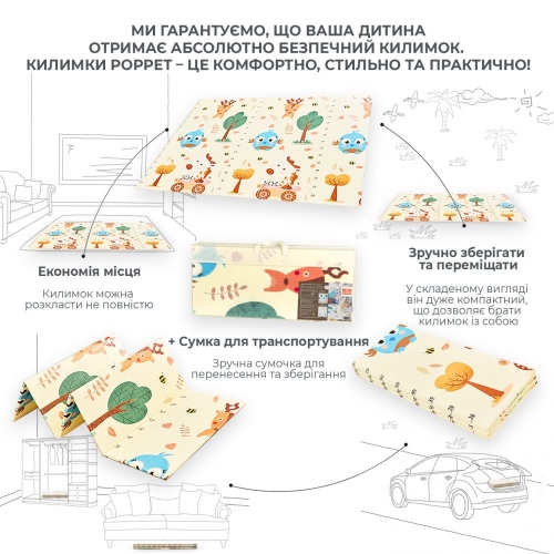 Дитячий двосторонній, складний килимок "Тигреня в лісі та Світ тварин", 200х180x1 см